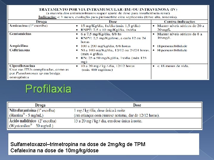 Profilaxia Sulfametoxazol–trimetropina na dose de 2 mg/kg de TPM Cefalexina na dose de 10