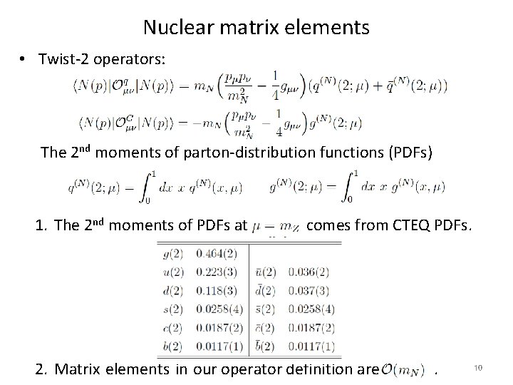 Nuclear matrix elements • Twist-2 operators: The 2 nd moments of parton-distribution functions (PDFs)