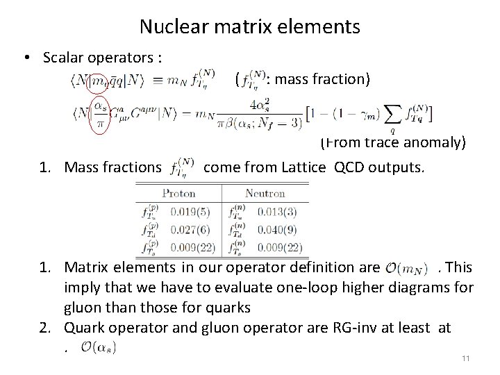 Nuclear matrix elements • Scalar operators : ( : mass fraction) (From trace anomaly)