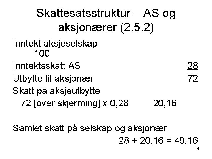 Skattesatsstruktur – AS og aksjonærer (2. 5. 2) Inntekt aksjeselskap 100 Inntektsskatt AS Utbytte