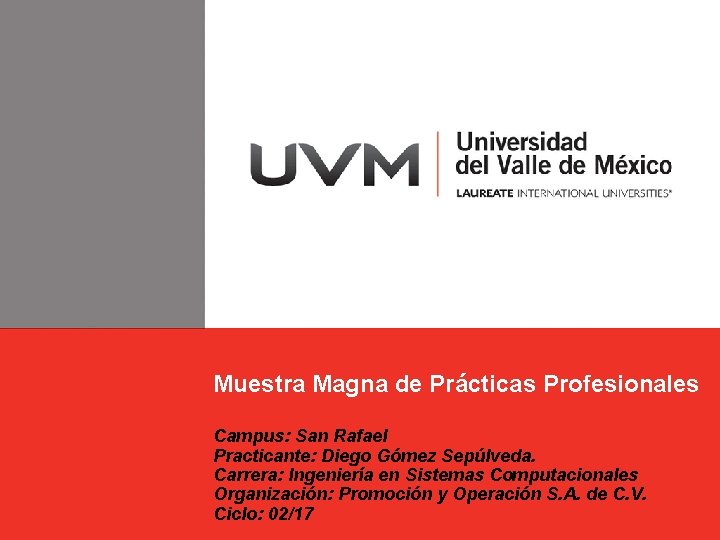 Muestra Magna de Prácticas Profesionales Campus: San Rafael Practicante: Diego Gómez Sepúlveda. Carrera: Ingeniería