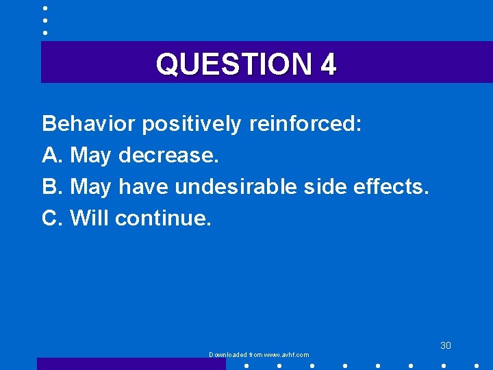 QUESTION 4 Behavior positively reinforced: A. May decrease. B. May have undesirable side effects.