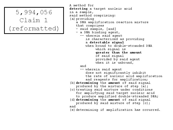 5, 994, 056 Claim 1 (reformatted) A method for detecting a target nucleic acid