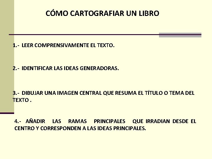 CÓMO CARTOGRAFIAR UN LIBRO 1. - LEER COMPRENSIVAMENTE EL TEXTO. 2. - IDENTIFICAR LAS