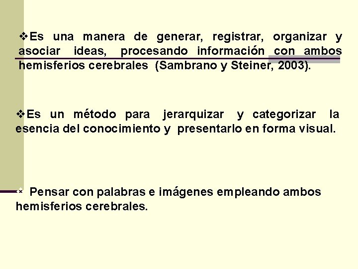 v. Es una manera de generar, registrar, organizar y asociar ideas, procesando información con