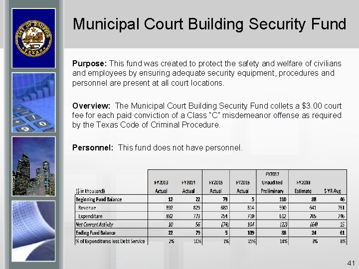 Municipal Court Building Security Fund Purpose: This fund was created to protect the safety