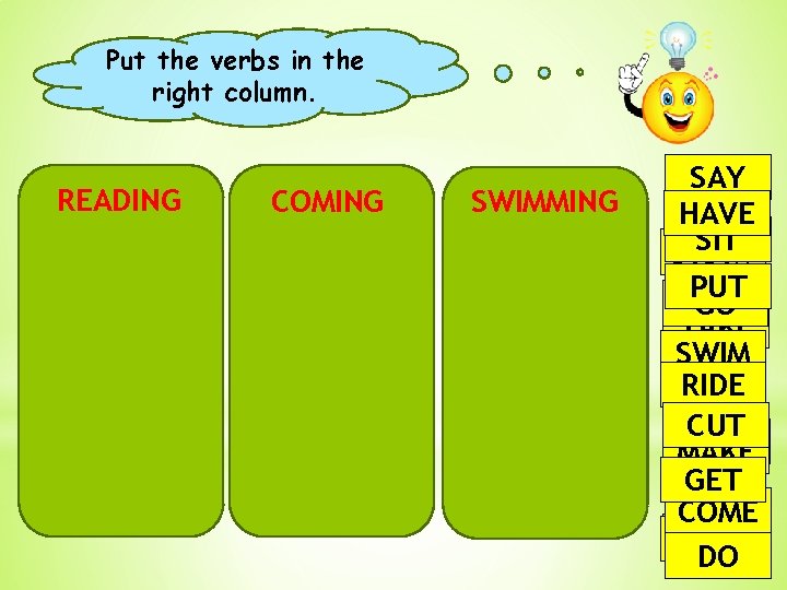 Put the verbs in the right column. READING COMING SWIMMING SAY HAVE SIT DRAW