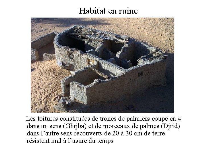 Habitat en ruine Les toitures constituées de troncs de palmiers coupé en 4 dans