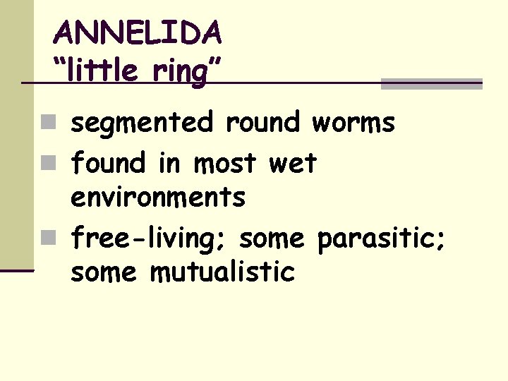 ANNELIDA “little ring” segmented round worms found in most wet environments free-living; some parasitic;