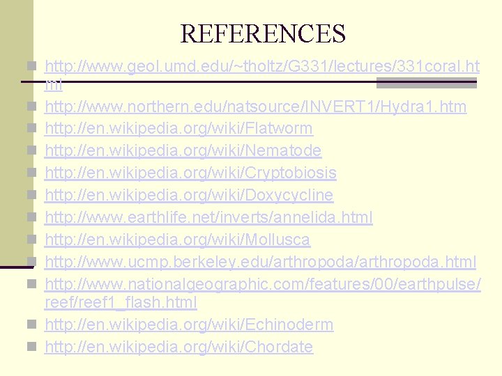 REFERENCES http: //www. geol. umd. edu/~tholtz/G 331/lectures/331 coral. ht ml http: //www. northern. edu/natsource/INVERT