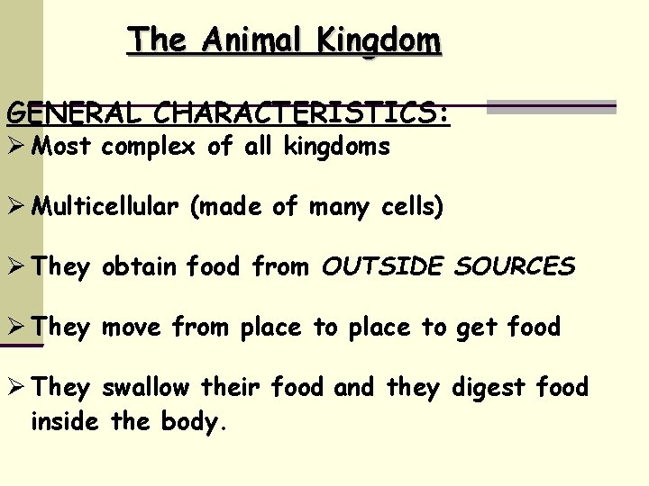 The Animal Kingdom GENERAL CHARACTERISTICS: Most complex of all kingdoms Multicellular (made of many