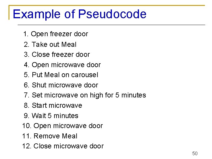 Example of Pseudocode 1. Open freezer door 2. Take out Meal 3. Close freezer