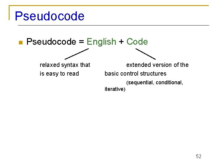 Pseudocode n Pseudocode = English + Code relaxed syntax that is easy to read