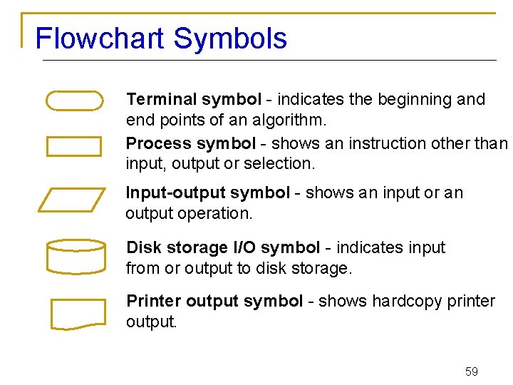 Flowchart Symbols Terminal symbol - indicates the beginning and end points of an algorithm.