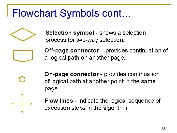 Flowchart Symbols cont… Selection symbol - shows a selection process for two-way selection. Off-page