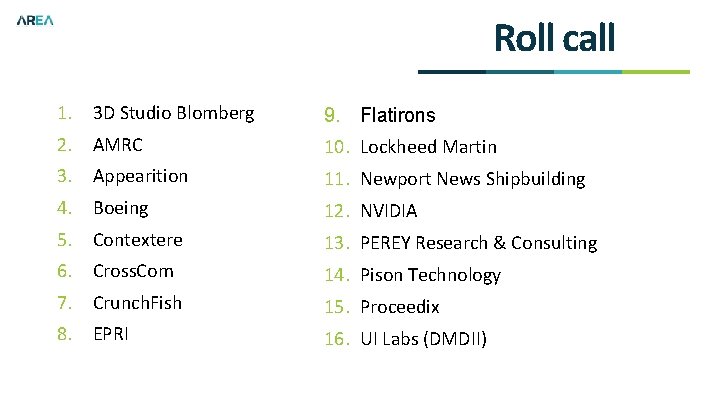 Roll call 1. 3 D Studio Blomberg 9. Flatirons 2. AMRC 10. Lockheed Martin