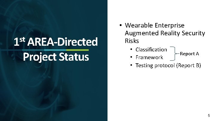 1 st AREA-Directed Project Status • Wearable Enterprise Augmented Reality Security Risks • Classification
