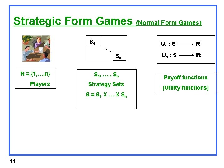 Strategic Form Games (Normal Form Games) S 1 Sn N = {1, …, n}