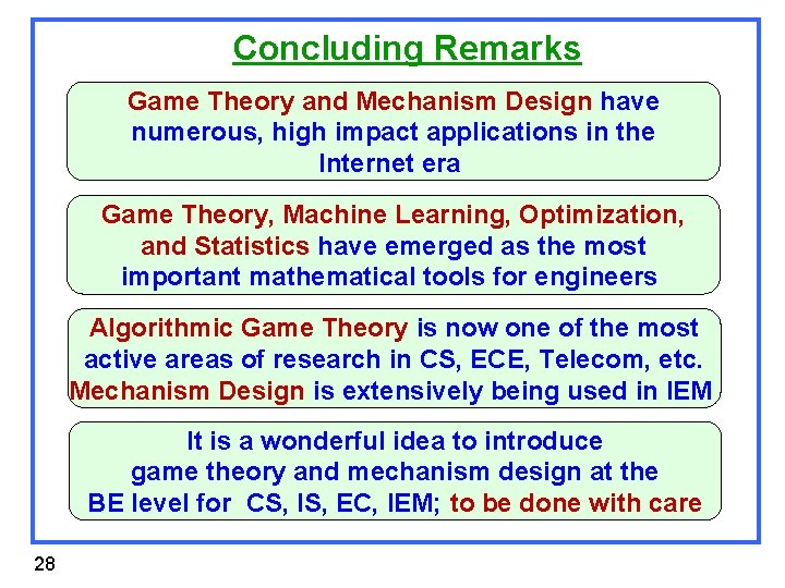 Concluding Remarks Game Theory and Mechanism Design have numerous, high impact applications in the