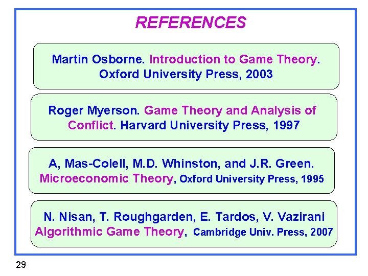REFERENCES Martin Osborne. Introduction to Game Theory. Oxford University Press, 2003 Roger Myerson. Game