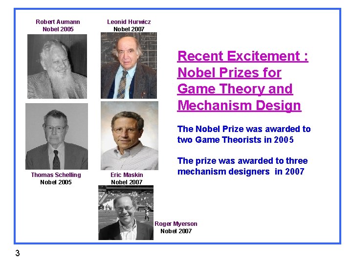 Robert Aumann Nobel 2005 Leonid Hurwicz Nobel 2007 Recent Excitement : Nobel Prizes for