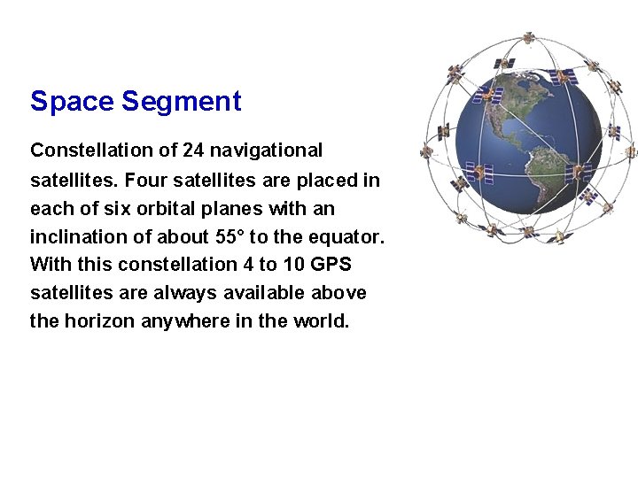 Space Segment Constellation of 24 navigational satellites. Four satellites are placed in each of