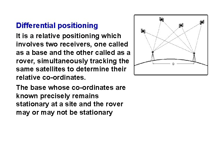 Differential positioning It is a relative positioning which involves two receivers, one called as