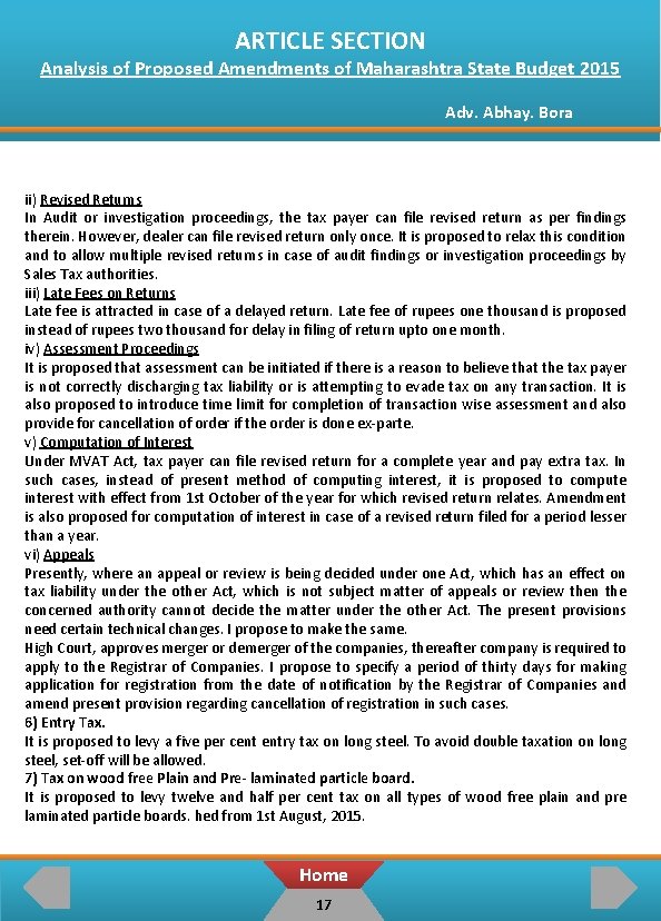 ARTICLE SECTION Analysis of Proposed Amendments of Maharashtra State Budget 2015 Adv. Abhay. Bora