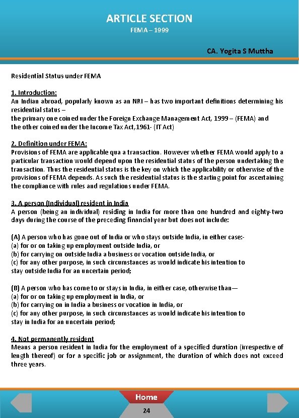 ARTICLE SECTION FEMA – 1999 CA. Yogita S Muttha Residential Status under FEMA 1.