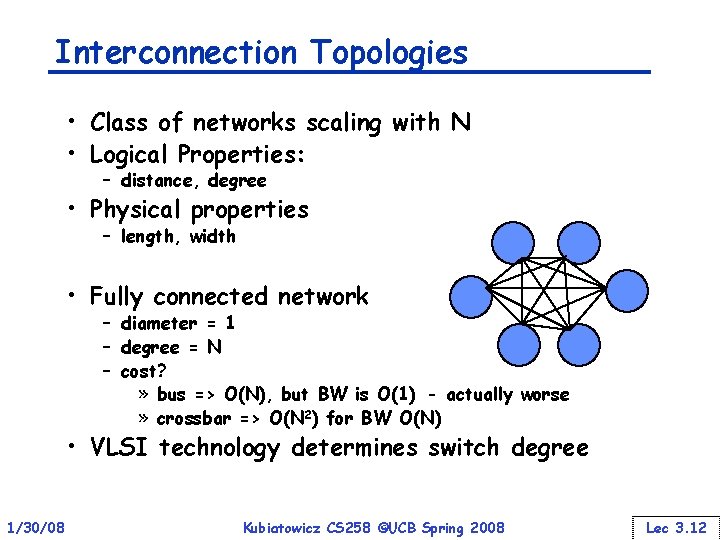 Interconnection Topologies • Class of networks scaling with N • Logical Properties: – distance,