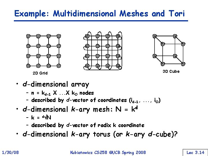 Example: Multidimensional Meshes and Tori 3 D Cube 2 D Grid • d-dimensional array
