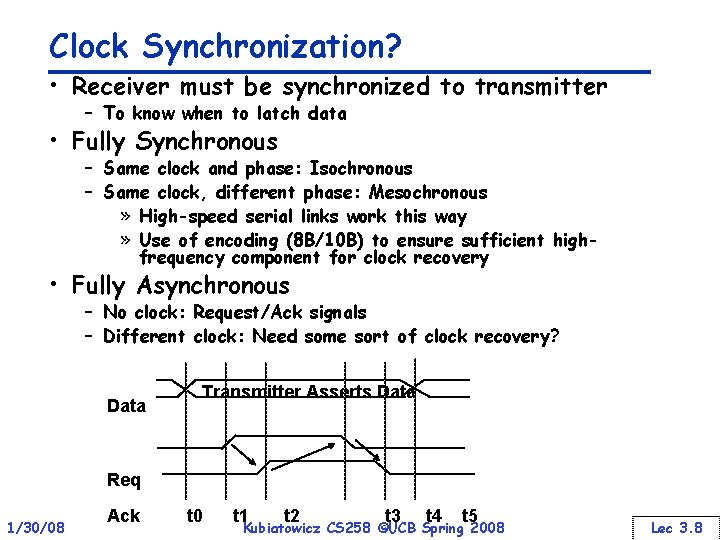 Clock Synchronization? • Receiver must be synchronized to transmitter – To know when to