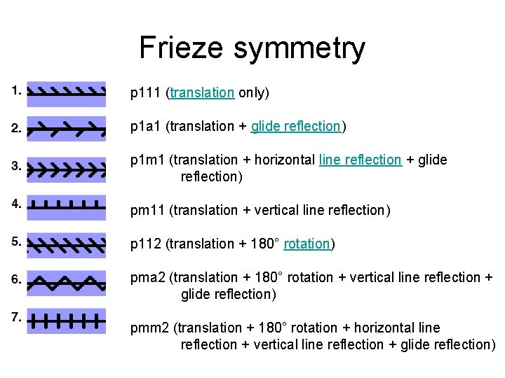 Frieze symmetry p 111 (translation only) p 1 a 1 (translation + glide reflection)