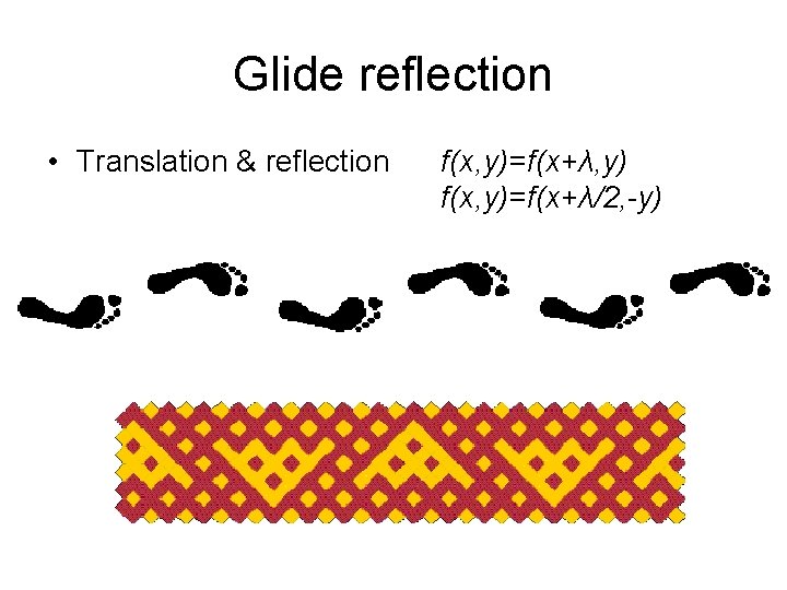 Glide reflection • Translation & reflection f(x, y)=f(x+λ, y) f(x, y)=f(x+λ/2, -y) 