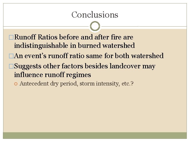 Conclusions �Runoff Ratios before and after fire are indistinguishable in burned watershed �An event’s