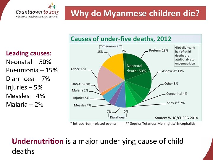 Why do Myanmese children die? Leading causes: Neonatal – 50% Pneumonia – 15% Diarrhoea