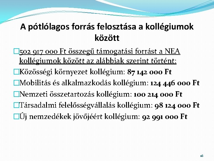 A pótlólagos forrás felosztása a kollégiumok között � 502 917 000 Ft összegű támogatási