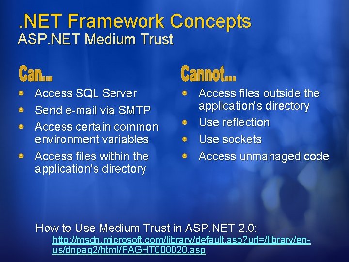 . NET Framework Concepts ASP. NET Medium Trust Access SQL Server Send e-mail via