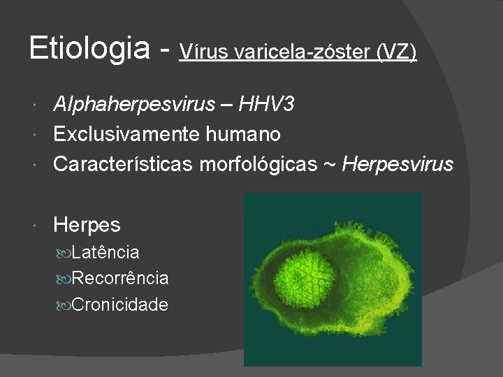 Etiologia - Vírus varicela-zóster (VZ) Alphaherpesvirus – HHV 3 Exclusivamente humano Características morfológicas ~