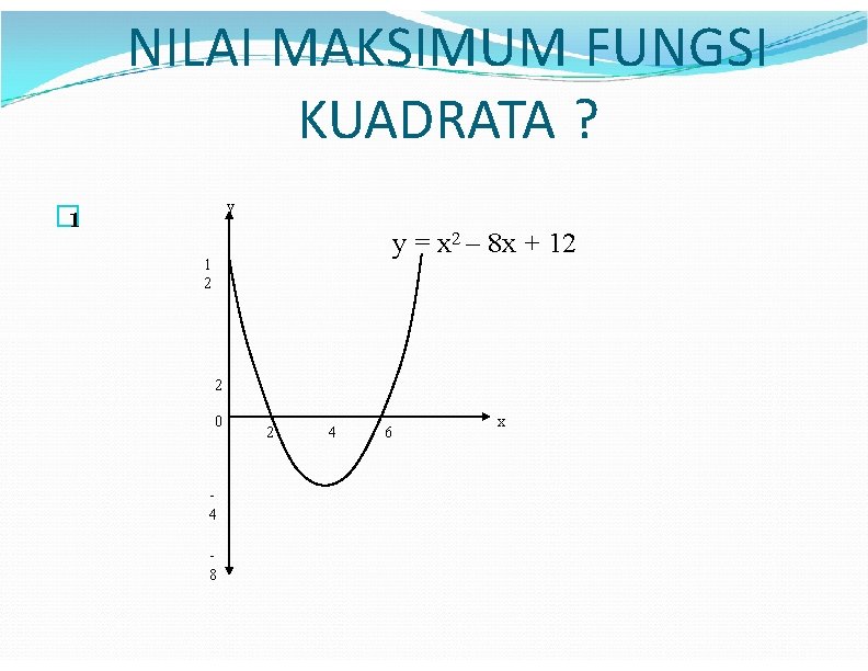 NILAI MAKSIMUM FUNGSI KUADRATA ? y � 1 y = x 2 – 8