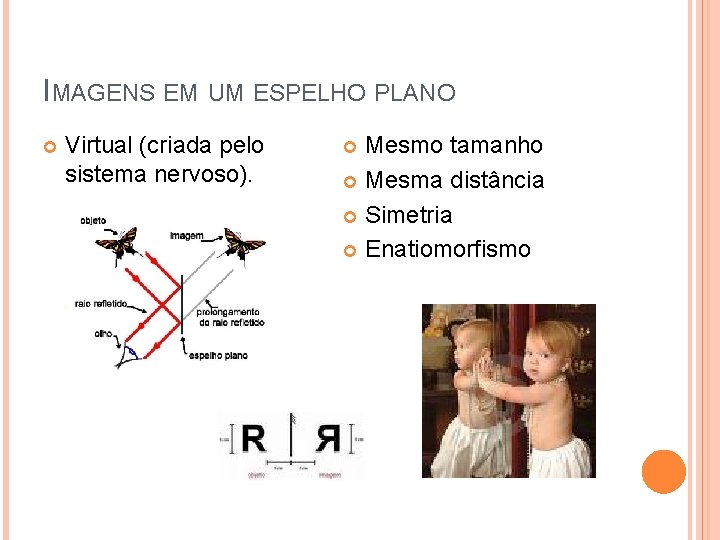 IMAGENS EM UM ESPELHO PLANO Virtual (criada pelo sistema nervoso). Mesmo tamanho Mesma distância