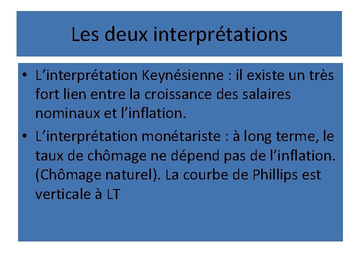Les deux interprétations • L’interprétation Keynésienne : il existe un très fort lien entre