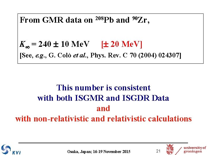 From GMR data on 208 Pb and 90 Zr, K = 240 10 Me.