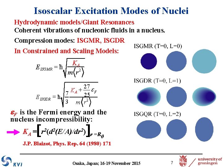 Isoscalar Excitation Modes of Nuclei Hydrodynamic models/Giant Resonances Coherent vibrations of nucleonic fluids in