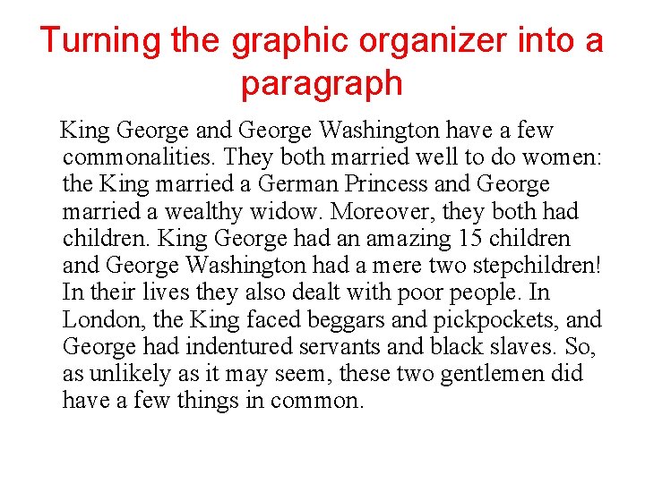 Turning the graphic organizer into a paragraph King George and George Washington have a