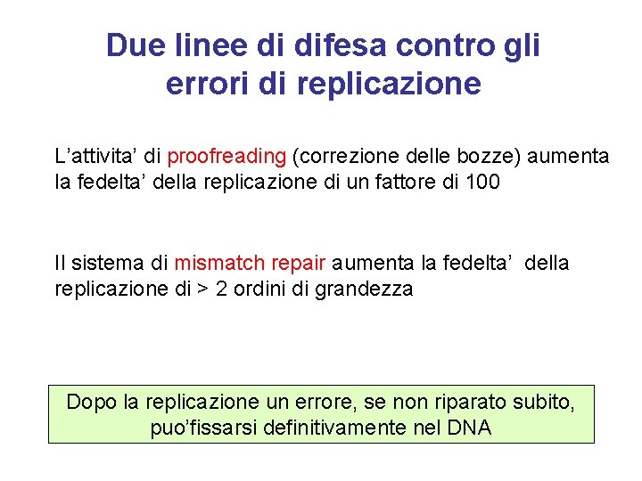 Due linee di difesa contro gli errori di replicazione L’attivita’ di proofreading (correzione delle