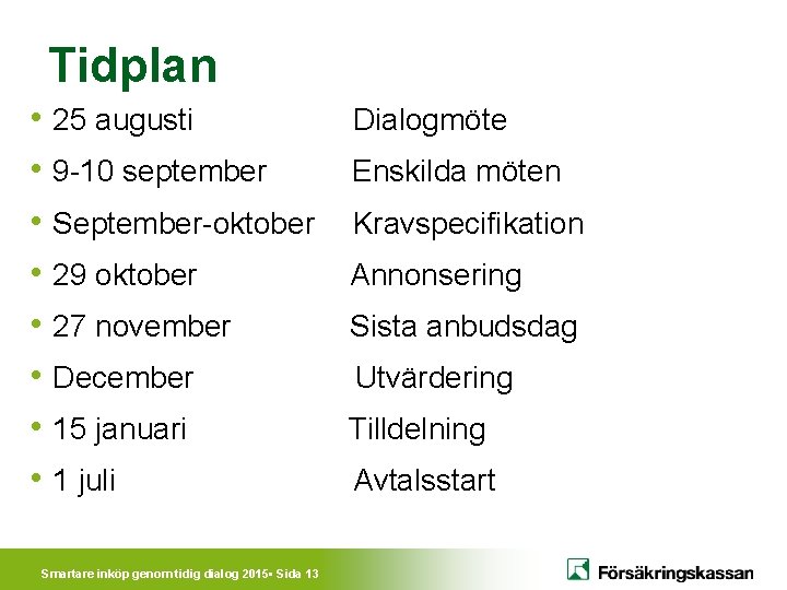 Tidplan • 25 augusti • 9 -10 september • September-oktober • 29 oktober •