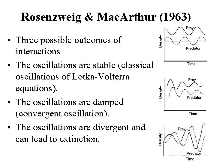 Rosenzweig & Mac. Arthur (1963) • Three possible outcomes of interactions • The oscillations