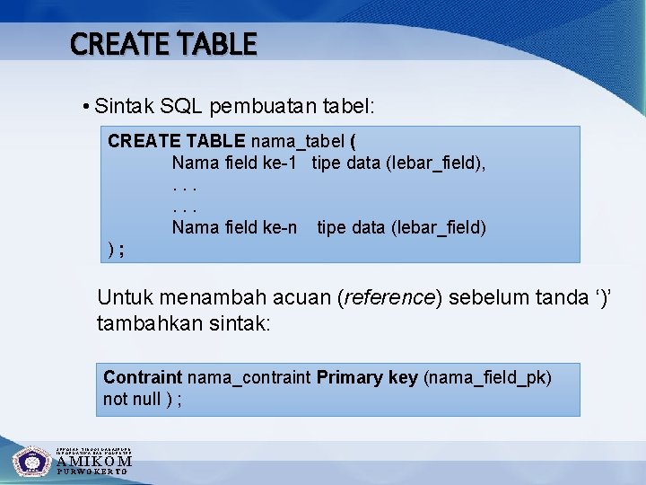 CREATE TABLE • Sintak SQL pembuatan tabel: CREATE TABLE nama_tabel ( Nama field ke-1