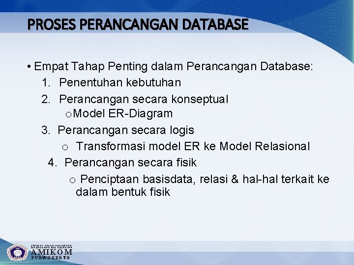 PROSES PERANCANGAN DATABASE • Empat Tahap Penting dalam Perancangan Database: 1. Penentuhan kebutuhan 2.